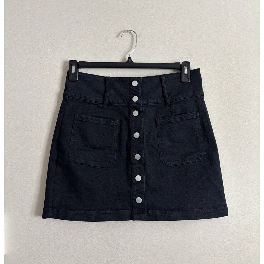 Anthropologie Pilcro Button Front Denim Mini Skirt 8 Medium‎ Black Blue Pockets